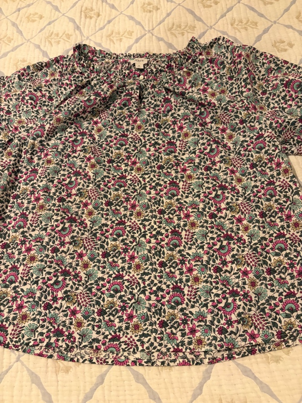 J. Crew Floral Elastic-Waist Blouse in Pink, Teal, Cream